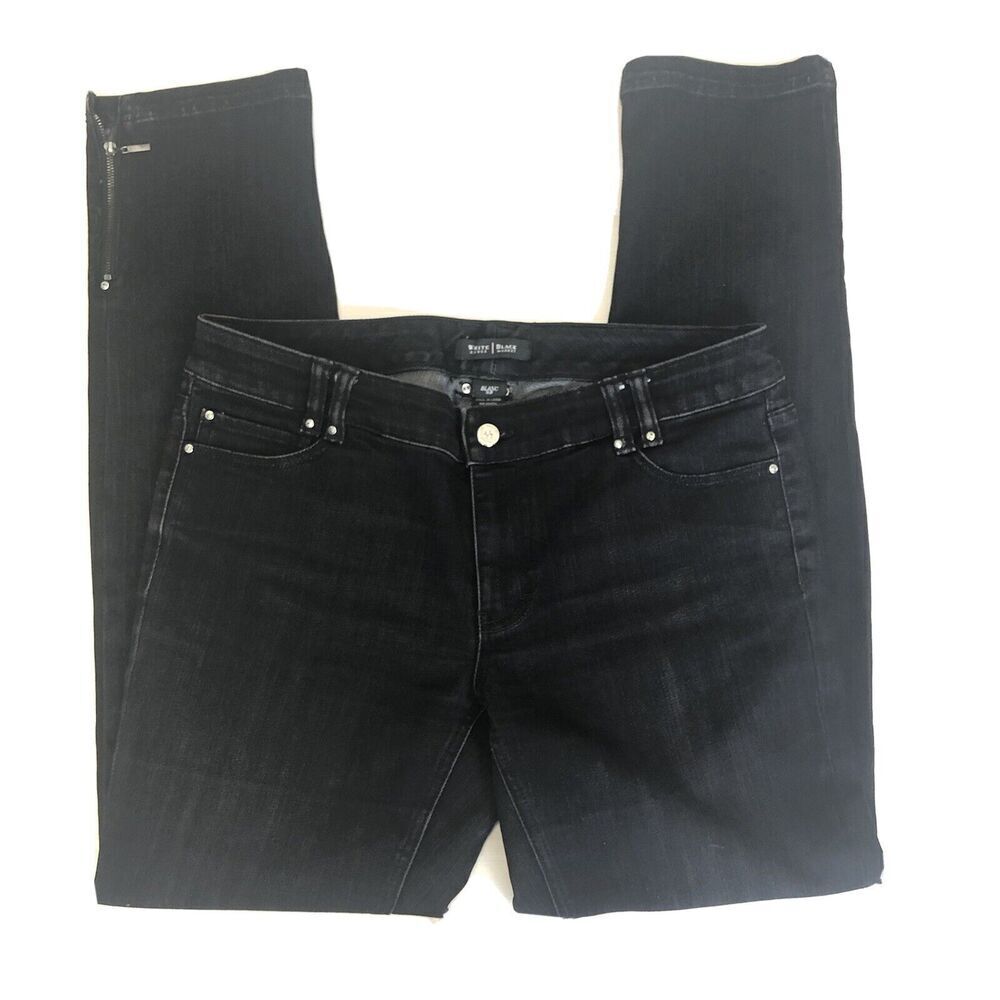 White House Black Market Black Jeans Blanc Sz 8R Straight Ankle Zippers Biker